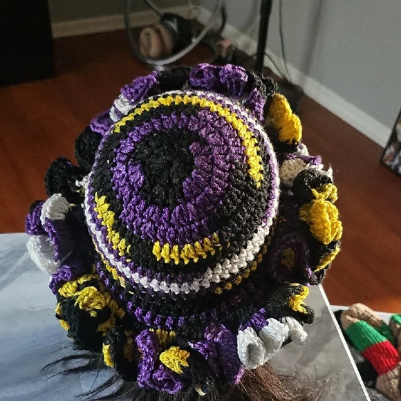 Crochet Ruffle Beanie Yellow, Purple, Black, And White